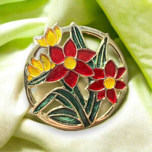 Vintage Brooch Pin Stained Glass Style Red & Yellow Bouquet in Gold-tone Setting